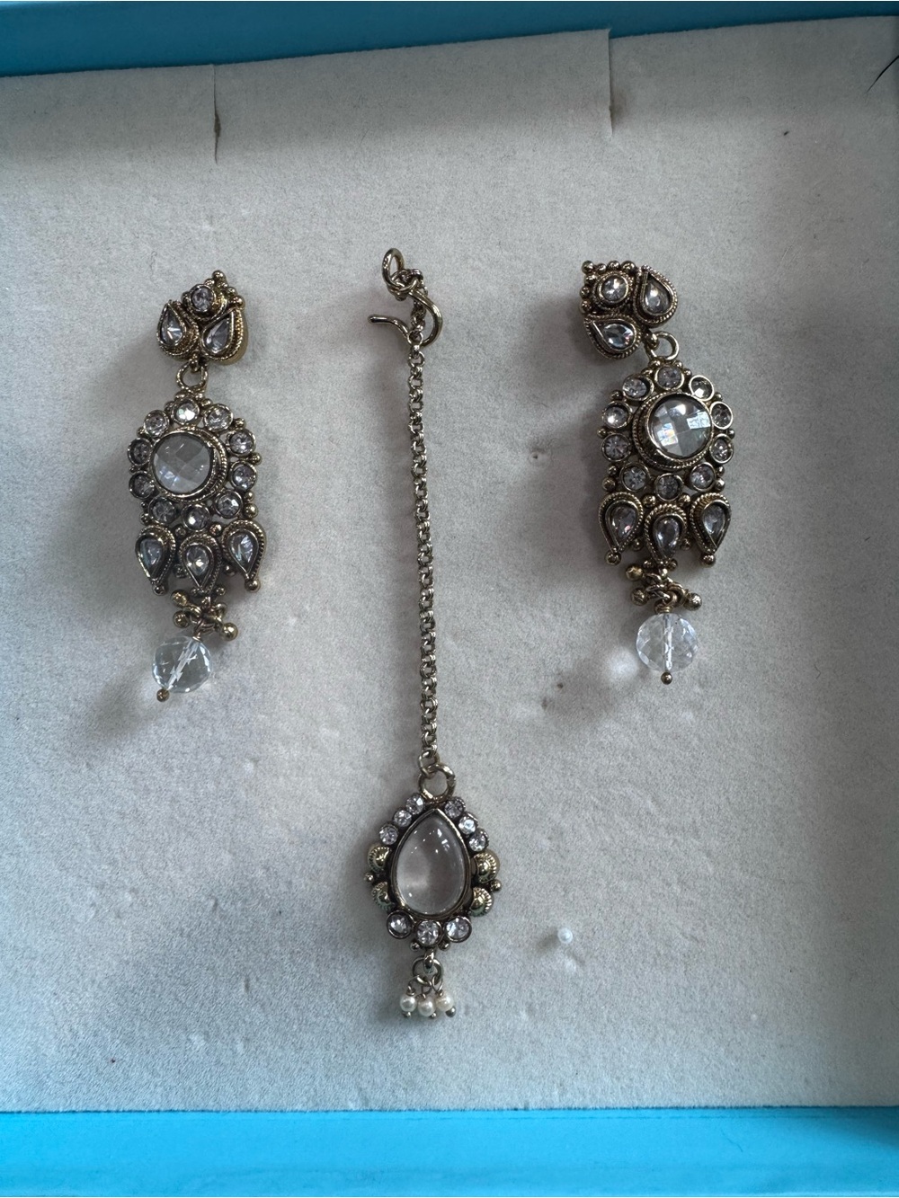 Victorian Kundan Polki Jewelry Set - Earrings & Maang Tikka Silver Tone